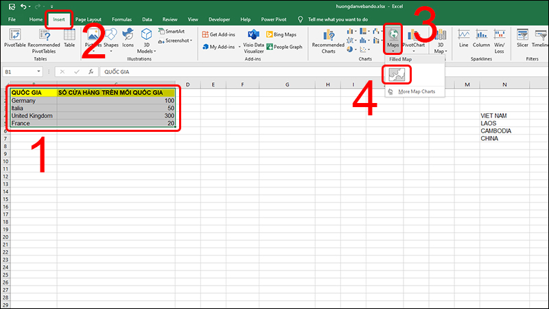 - Bước 2: Tạo bản đồ bằng Excel